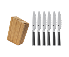 The profile image of six Ultimate Steak Knives and the bamboo steak knife block which make up this set.