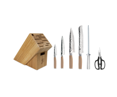 The profile image of the TDMS0700W Shun Premier Blonde 7-Piece Essential Block Set, showing the four knives, honing steel, herb shears, and block that are a part of this set.