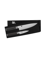 The profile image of the Shun Classic 2-Piece Starter Set, which includes a 8" Chef's Knife and 3.5" Paring Knife. The knives are shown inside their black gift box.