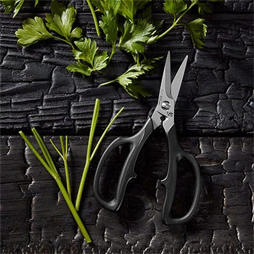 A pair of Shun Herb Shears lie next to cut flat leaf parsley.