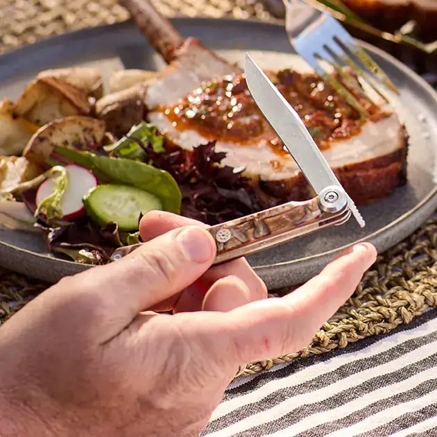 A hand holds a folding personal steak knife in front of a plated pork chop.